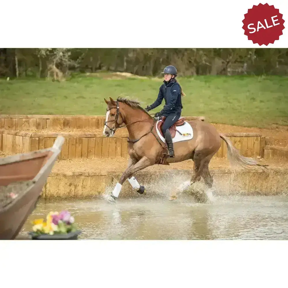 A brown horse gallops through shallow water wearing white equilibrium tri-zone impact sports boots for cross country use