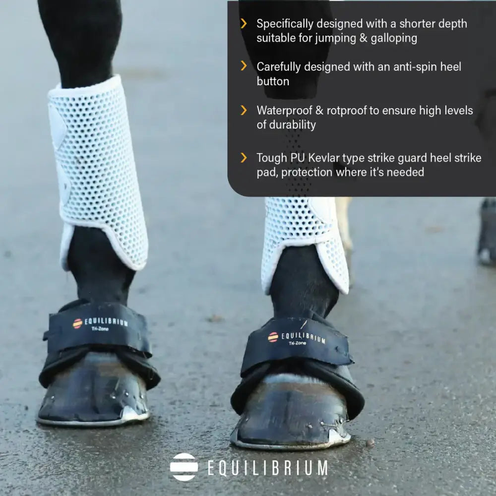 White mesh equilibrium tri-zone reach boots with black adjustable strap and pu kevlar strike guard pad tested for protection