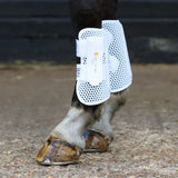White perforated horse hoof protector with branded label for equilibrium tri-zone tendon boots brown