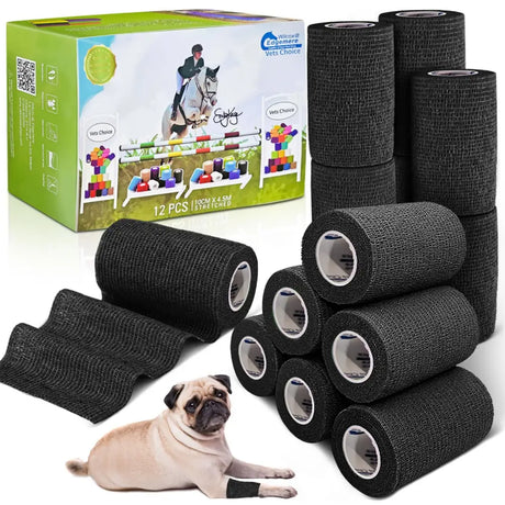 Black textured elastic wrap rolls for equimed 10cm vetwrap 12 wraps used in equestrian care