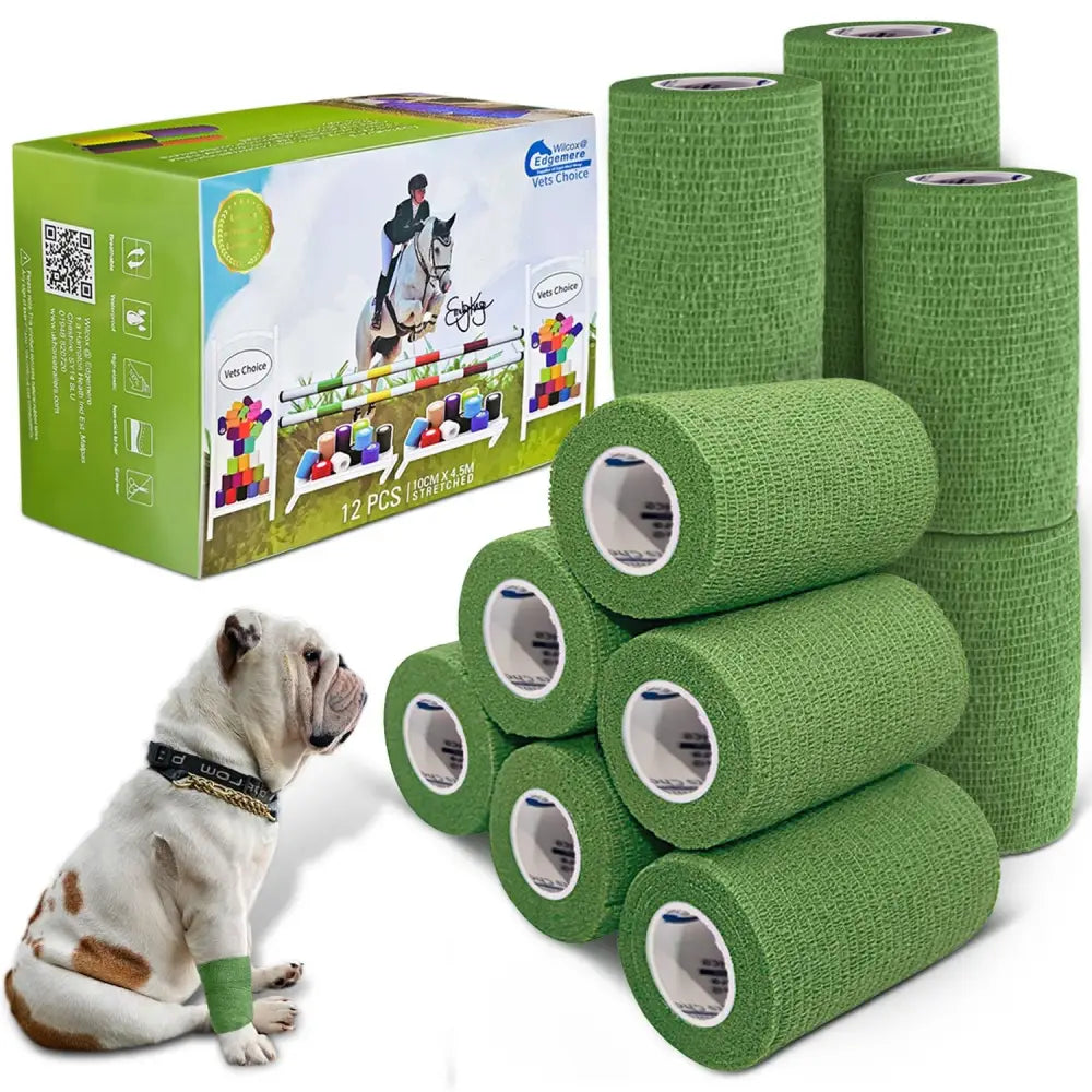 Stack of green textured equimed 10cm vetwrap rolls next to packaging with bulldog wearing one on front leg