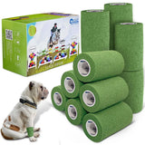 Stack of green textured equimed 10cm vetwrap rolls next to packaging with bulldog wearing one on front leg