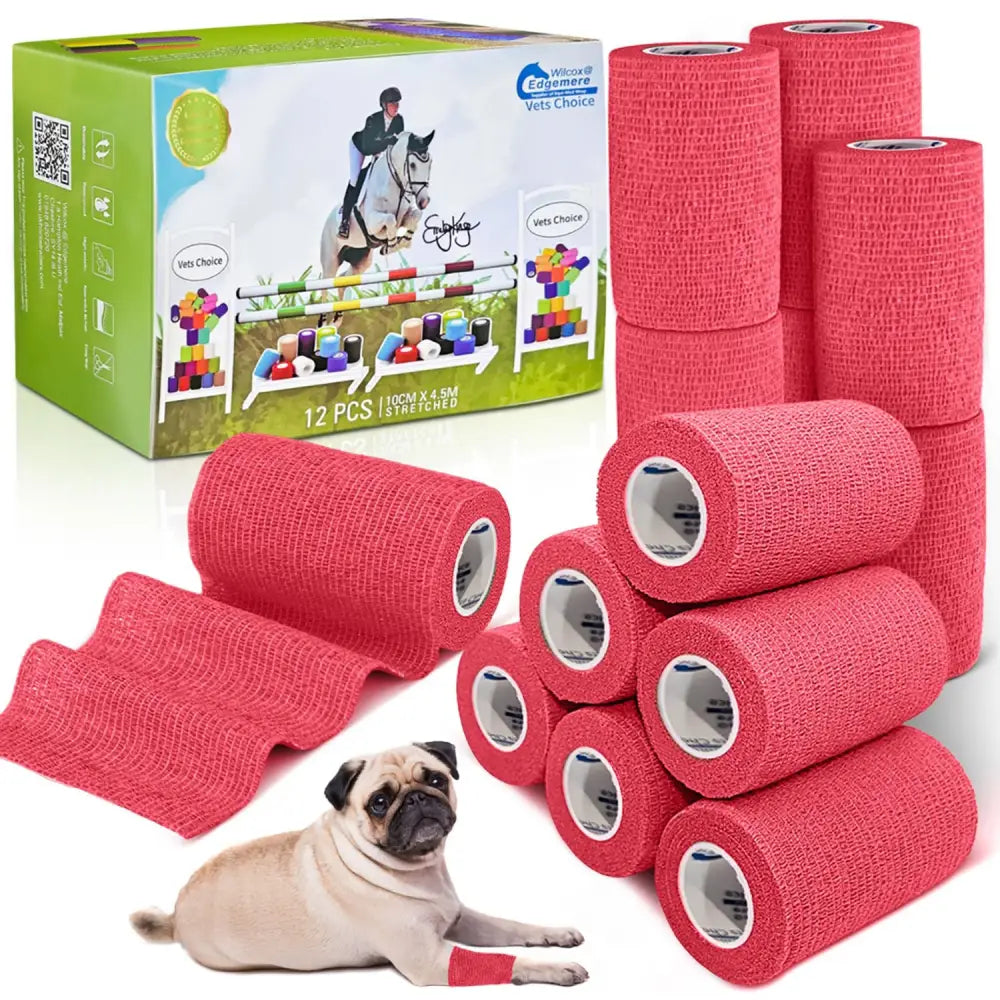 Bright pink textured elastic equimed 10cm vetwrap rolls for pets and equestrian use in a 12 wrap pack