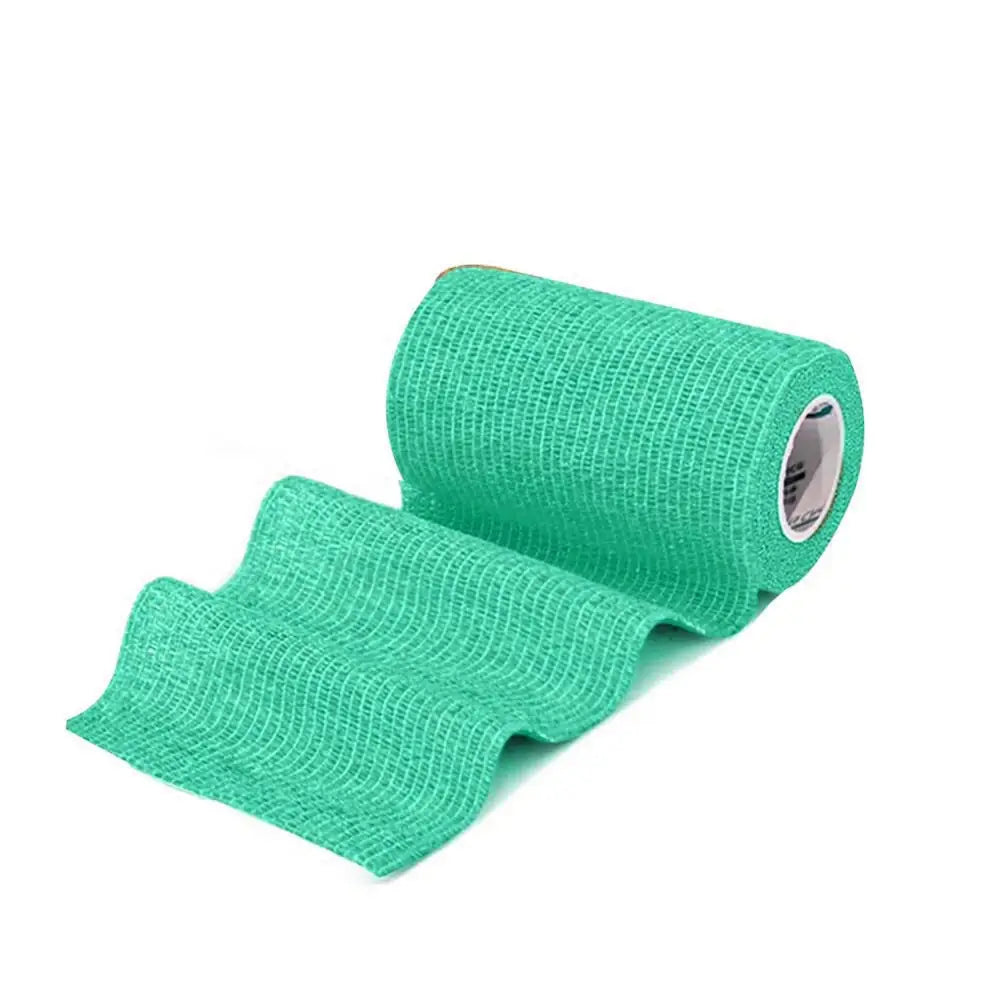 A roll of green textured equimed 10cm vetwrap single with woven fabric surface for athletic use