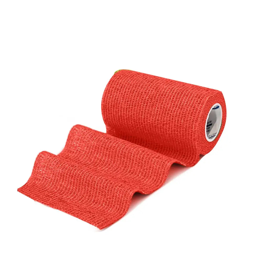 A roll of bright red textured woven fabric equimed 10cm vetwrap single elastic wrap for veterinary use