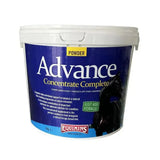 White plastic bucket with blue label of equimins advance concentrate complete powder horse feed concentrate complete powder
