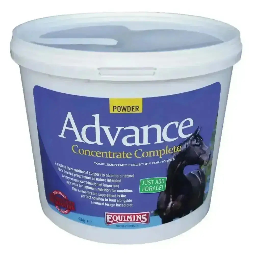 White plastic bucket with blue label of equimins advance concentrate complete powder horse feed concentrate complete
