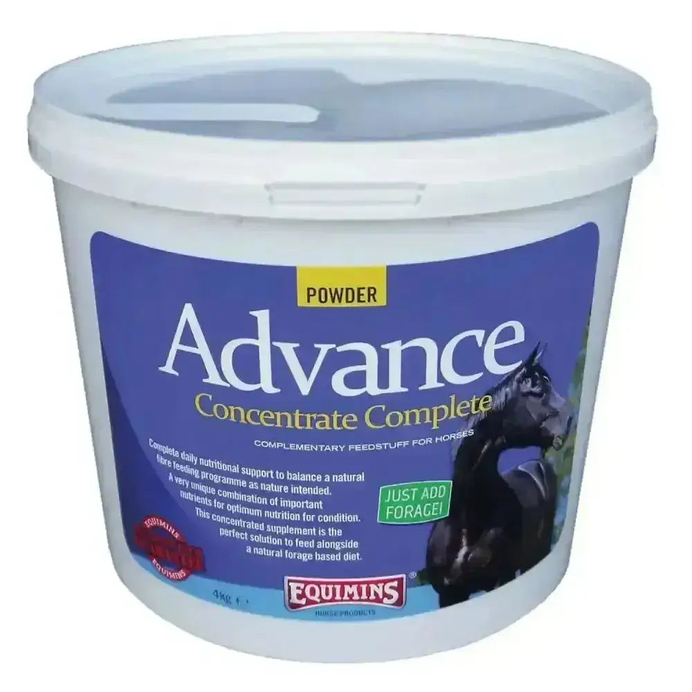 White plastic bucket of equimins advance concentrate complete powder horse feed concentrate complete powder