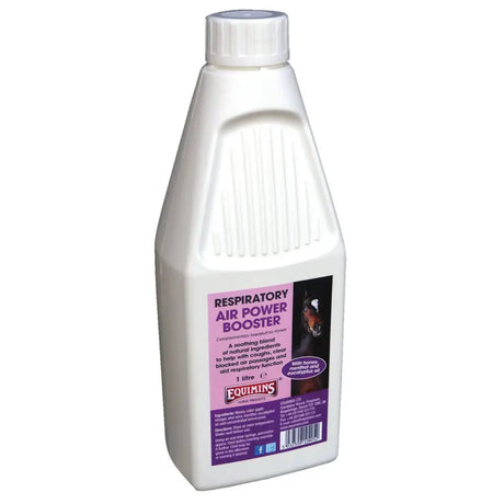 White plastic bottle with ribbed design and white cap labeled equimins air power booster for equine cough mixture