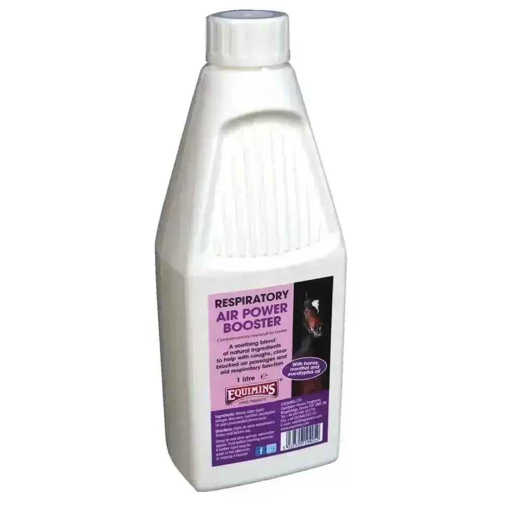 White plastic bottle with purple label and white cap featuring equimins air power for equine cough mixture boost