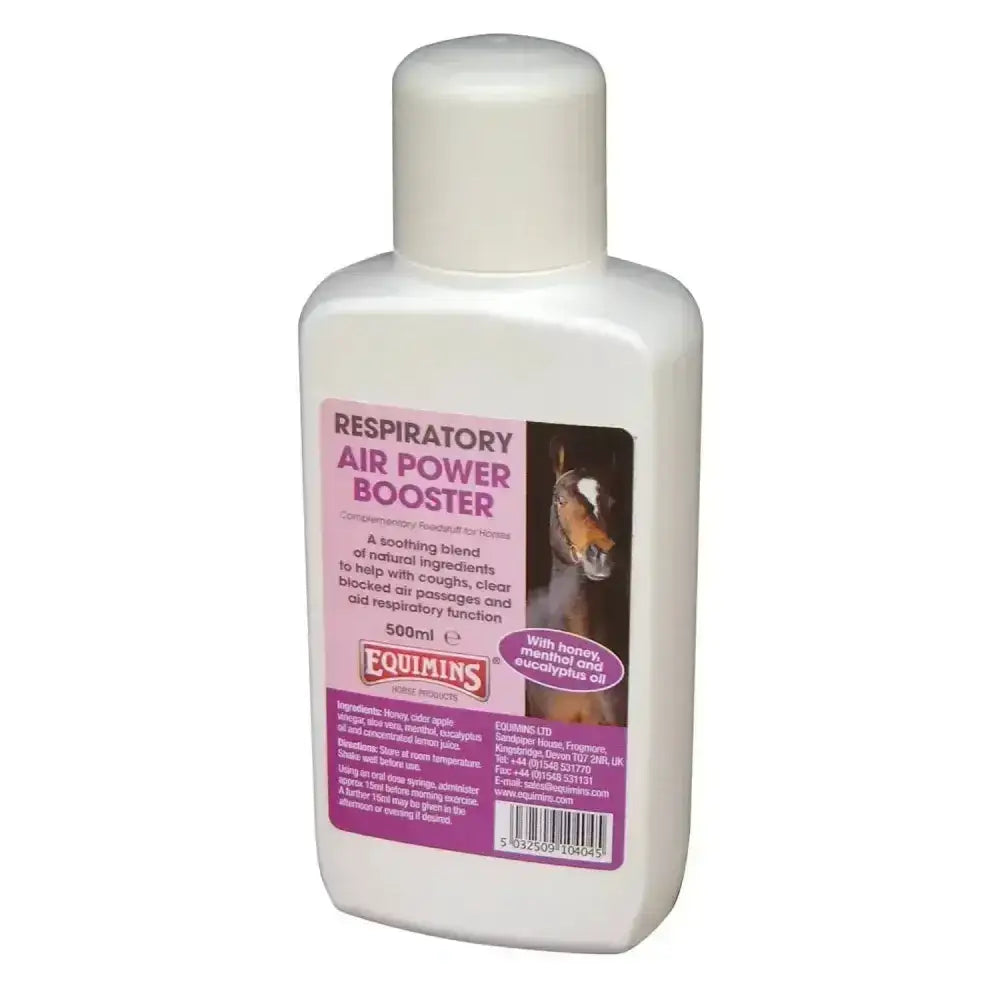 White plastic bottle of equimins air power respiratory booster 500ml equine cough mixture with concentrated lemon juice