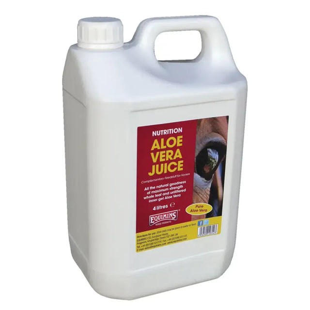 White plastic jug of equimins aloe vera juice for horses 4 litres healthy vera juice supplement