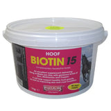White plastic bucket with pink black label of equimins biotin 15 horse hoof supplements with zinc methionate bound