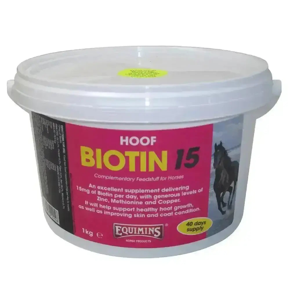 Pink and white plastic tub of equimins biotin 15 containing zinc methionate bound horse hoof supplements