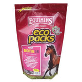 Red resealable pouch of equimins biotin 15 eco packs horse hoof supplements with zinc methionate bound for healthy hooves