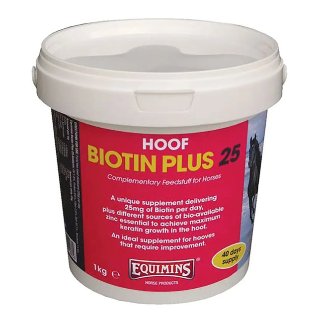 White plastic bucket with red equimins biotin plus 25 label for horse hoof supplements with organic zinc methionate