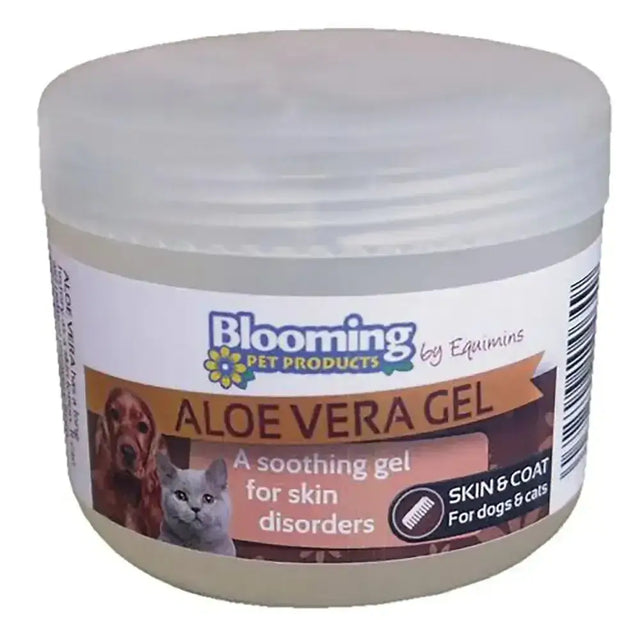 A white plastic jar of equimins blooming pet aloe vera gel for soothing skin and coat disorders in dogs and cats