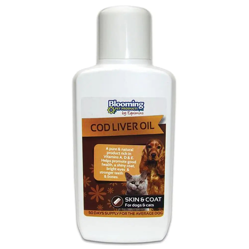 White plastic bottle of equimins blooming pet cod liver oil for dogs and cats with blooming pet cod formula