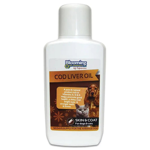 White plastic bottle of equimins blooming pet cod liver oil for dogs and cats with blooming pet cod formula