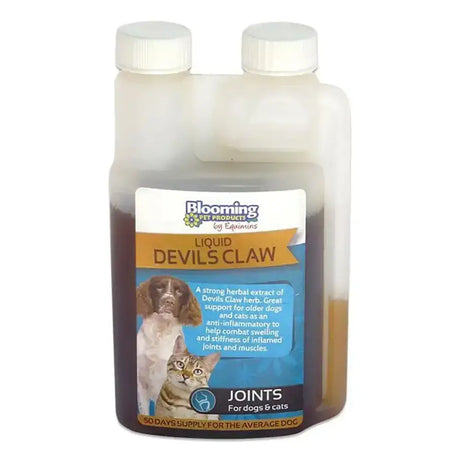 Clear plastic bottle with white caps containing dark brown liquid devils claw herb for dogs and cats by equimins blooming pet
