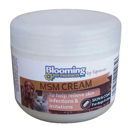 White plastic jar of equimins blooming pet msm cream for dogs and cats soothing antibacterial cream