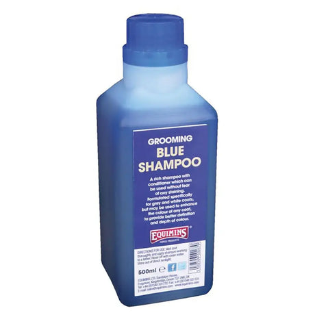 Blue plastic 500ml equimins blue shampoo for greys designed for white coats horse shampoos and grooming
