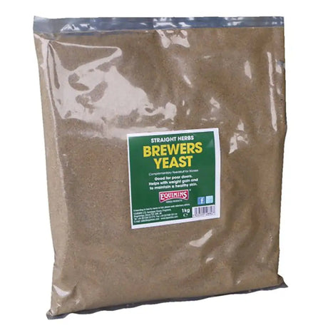 A 1kg clear bag of equimins brewers yeast brown powder horse supplement for poor doers with green white label
