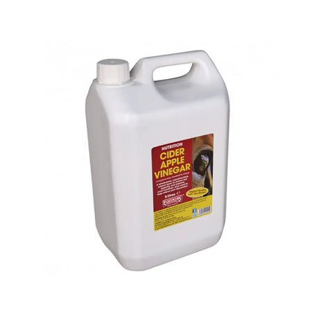White plastic jug of equimins cider apple vinegar with handle and cap to improve coat condition and nutrition