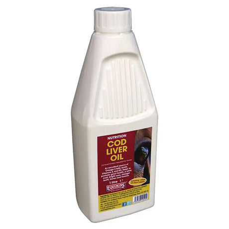 White plastic bottle of equimins cod liver oil 1 litre capacity cod liver oil helps support health