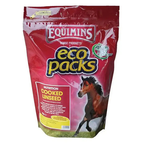 Red plastic bag of equimins cooked linseed eco packs feed balancer spec supplement for horses