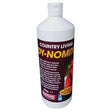 White plastic bottle with dark brown label featuring yellow and white text of equimins country living dy-nomite pesticide for red mite live control