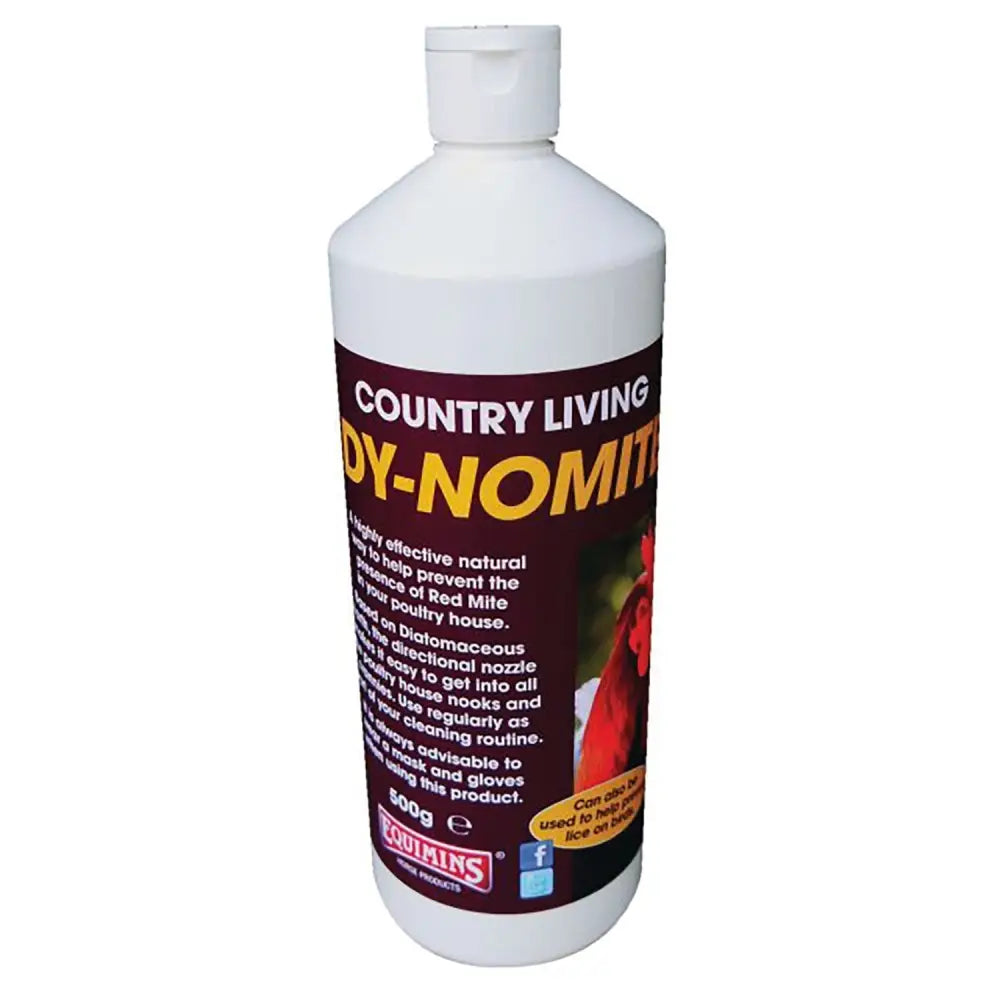 White plastic bottle with dark brown label featuring yellow and white text of equimins country living dy-nomite pesticide for red mite live control