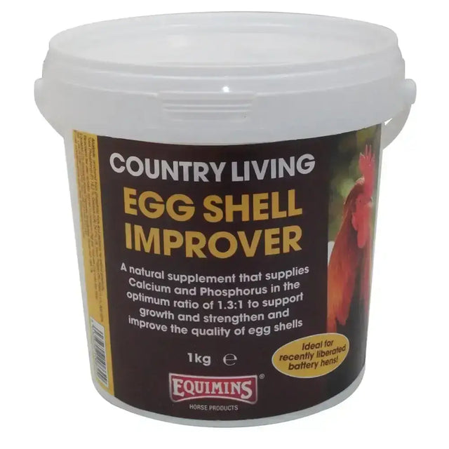 White plastic bucket with dark brown label and gold and white text for equimins country living egg shell improver