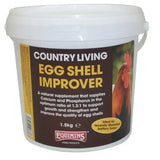White plastic bucket with brown label and yellow text showing a rooster for equimins country living egg shell improver