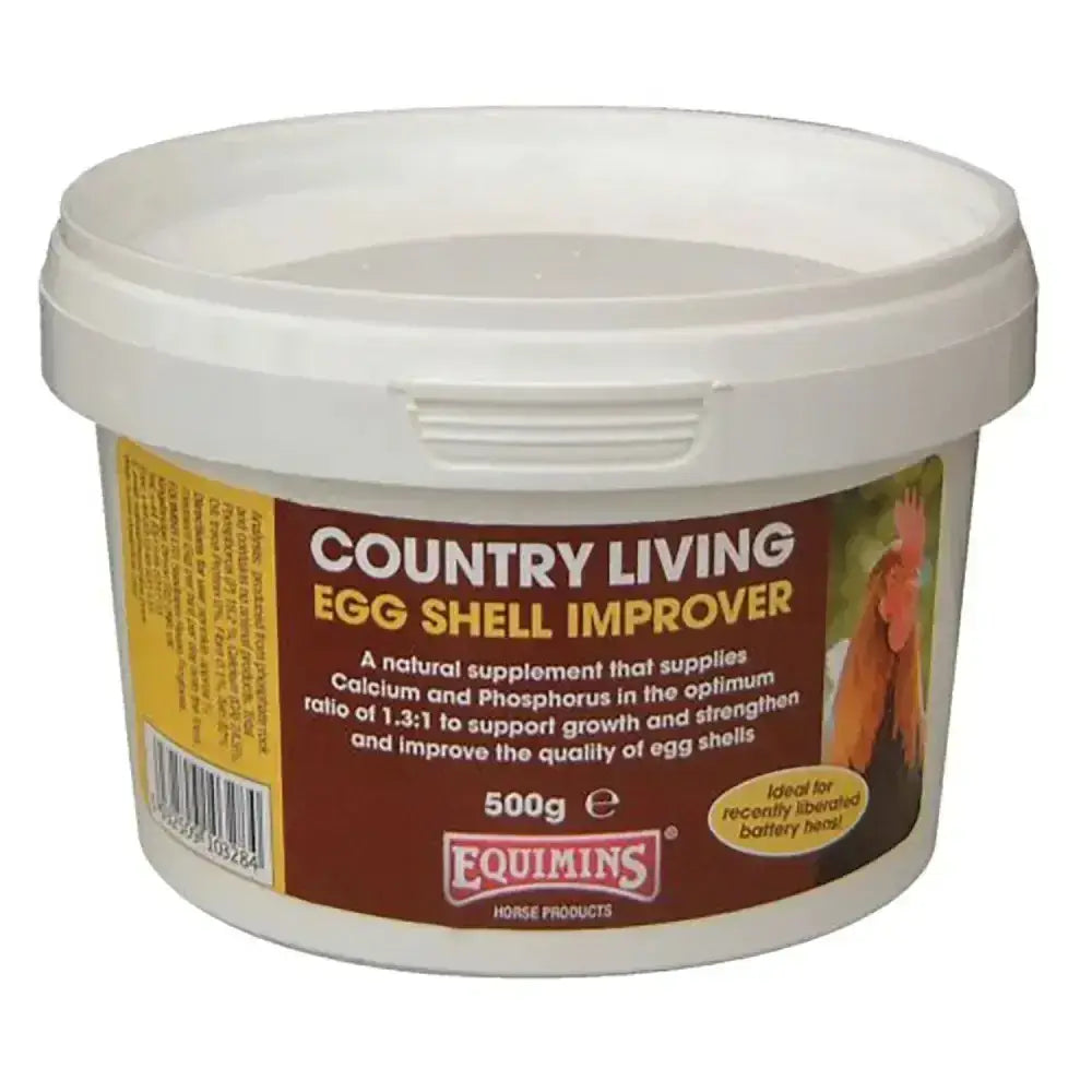 White plastic tub of equimins country living egg shell improver 500g with brown yellow label and chicken illustration
