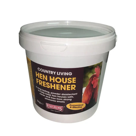 White plastic bucket of equimins country living hen house freshener long lasting powder disinfectant 2kg container
