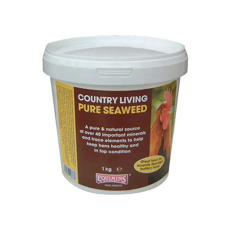 White plastic bucket with brown and yellow label of equimins country living pure seaweed pet supplements
