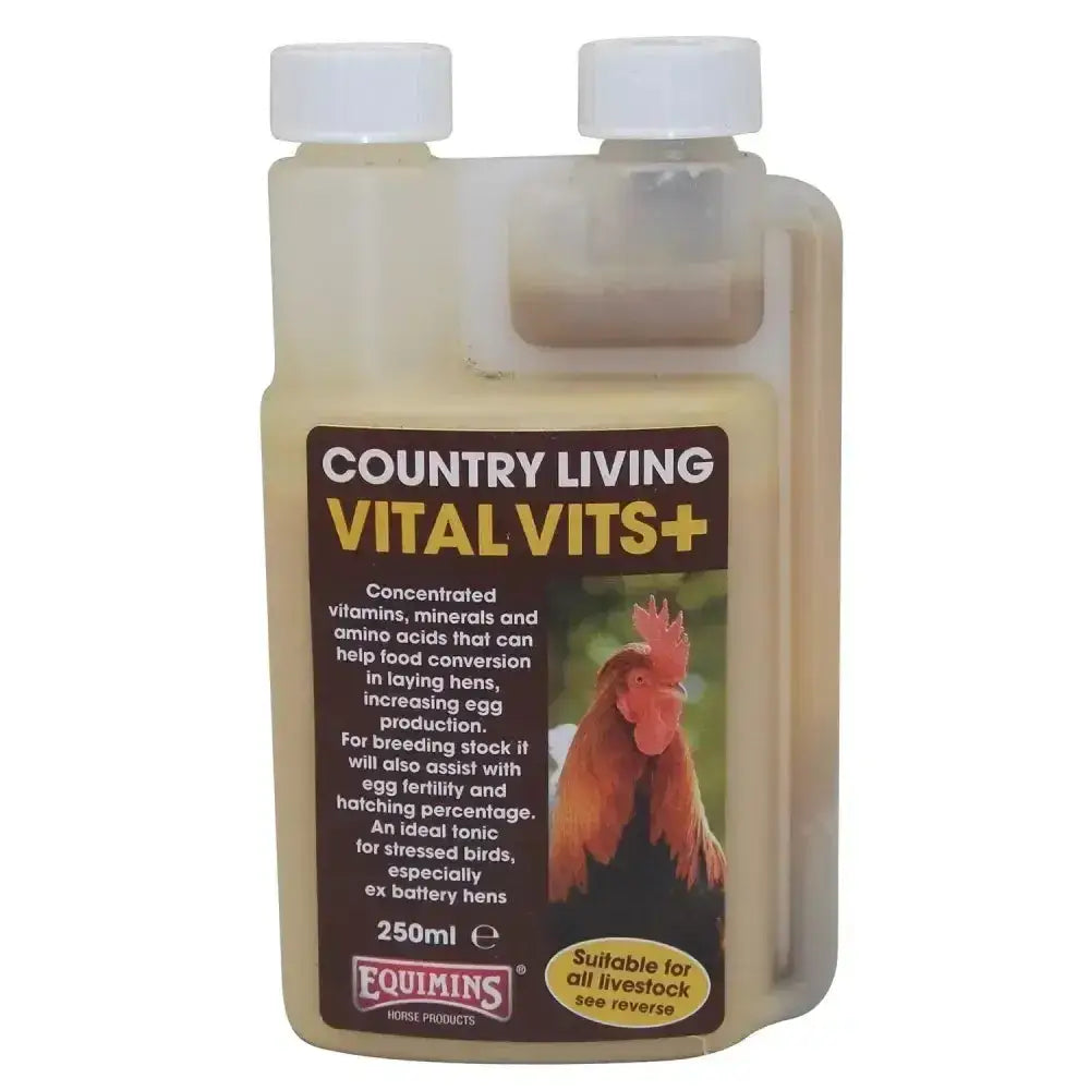 A 250ml translucent plastic bottle with white cap labeled equimins country living vital vits plus horse vitamins liquid supplement