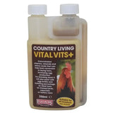 A 250ml translucent plastic bottle with white cap labeled equimins country living vital vits plus horse vitamins liquid supplement