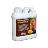 White plastic jug with handle and cap labeled equimins country living vital vits plus horse vitamins liquid supplement