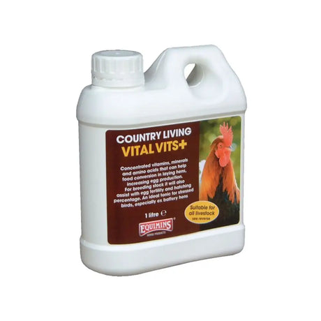 White plastic jug with handle and cap labeled equimins country living vital vits plus horse vitamins liquid supplement