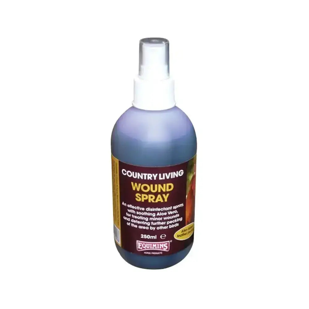 A 250ml equimins country living wound spray bottle with white nozzle and purple aloe vera liquid for soothing wounds