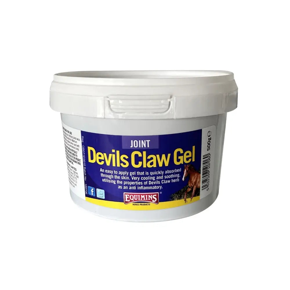 White plastic tub of equimins devil’s claw gel 500g with quickly absorbed formula for joint relief