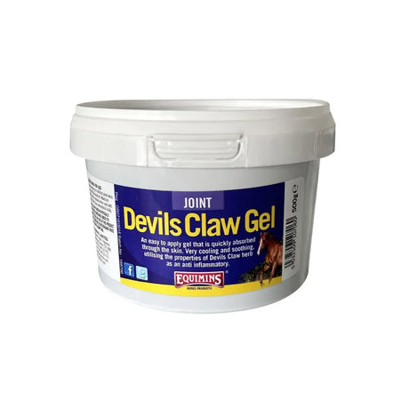 White plastic tub of equimins devil’s claw gel 500g with quickly absorbed formula for joint relief