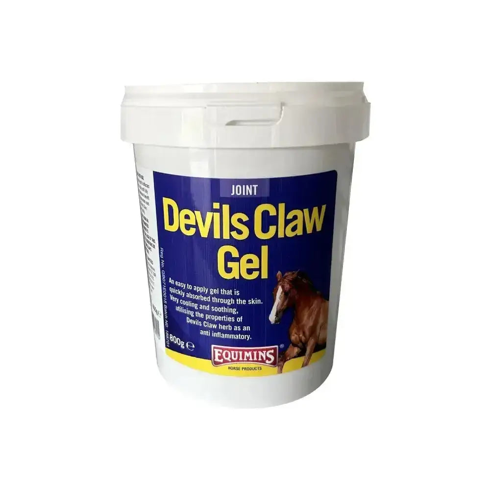 White plastic tub of equimins devil’s claw gel with blue yellow label featuring horse quickly absorbed formula