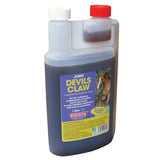 A 1-litre bottle of equimins devils claw liquid dark supplement for horses in translucent plastic with white cap
