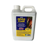 White plastic jug with handle and cap labeled equimins devils claw liquid for horses containing devils claw tincture