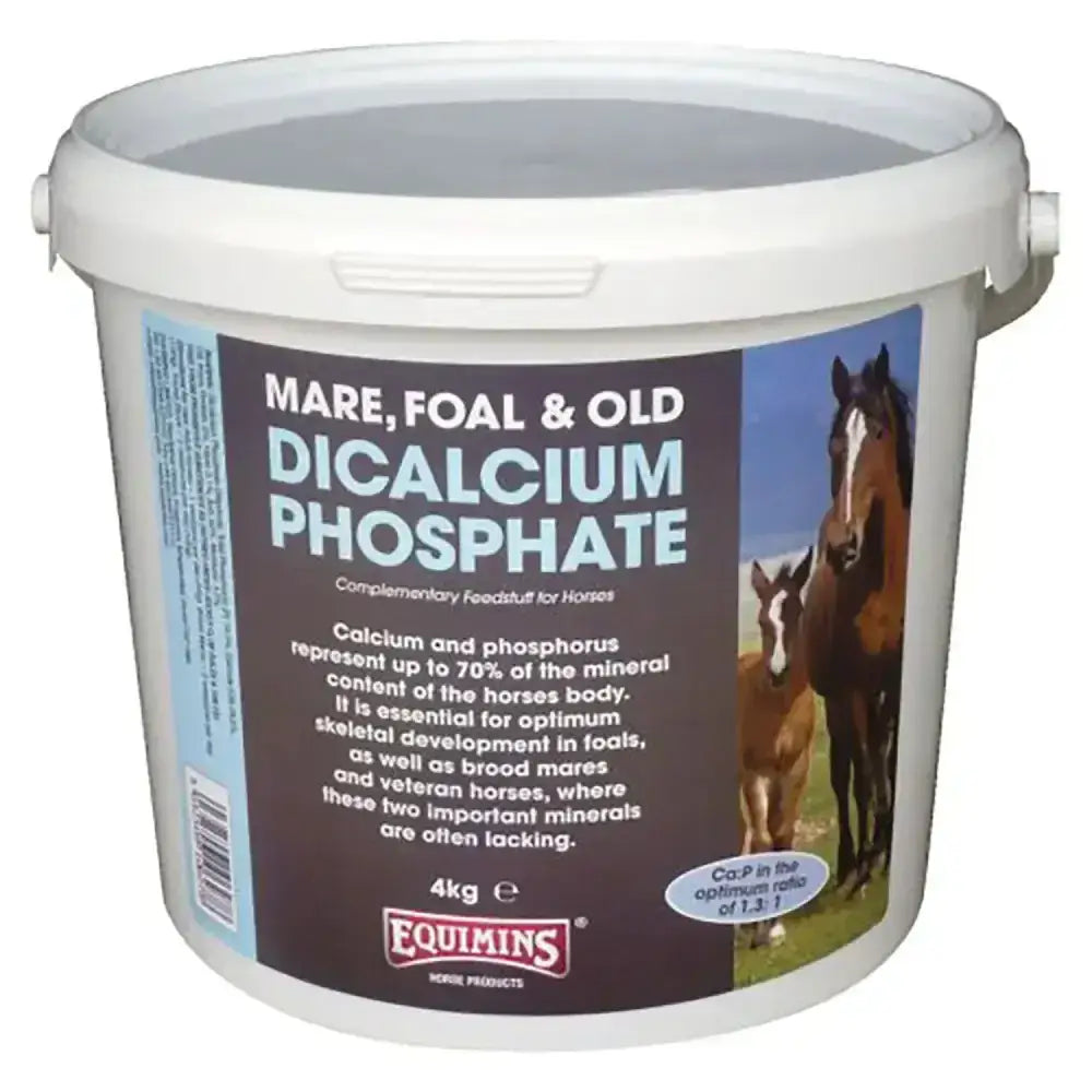 White plastic bucket with dark brown equimins dicalcium phosphate label for mare foal and old feed phosphate horse vitamins