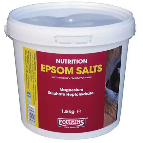 White plastic bucket of equimins epsom salts with red yellow label 1.5kg magnesium salts essential body electrolyte for horses
