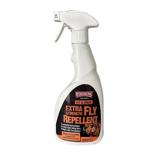White plastic spray bottle of equimins extra strength fly repellent with black and orange label for stronger formulation